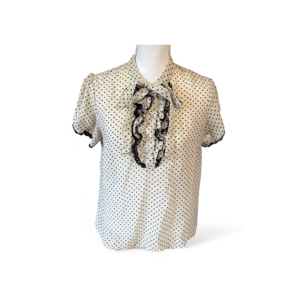 Y2K Polka Dot Heart Ruffle Bow Blouse Med Sheer Tan Brown‎ Soft Girl Cottagecore